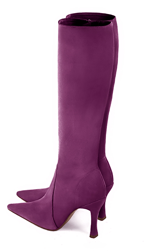 Mulberry purple women's feminine knee-high boots. Pointed toe. Very high spool heels. Made to measure. Rear view - Florence KOOIJMAN
